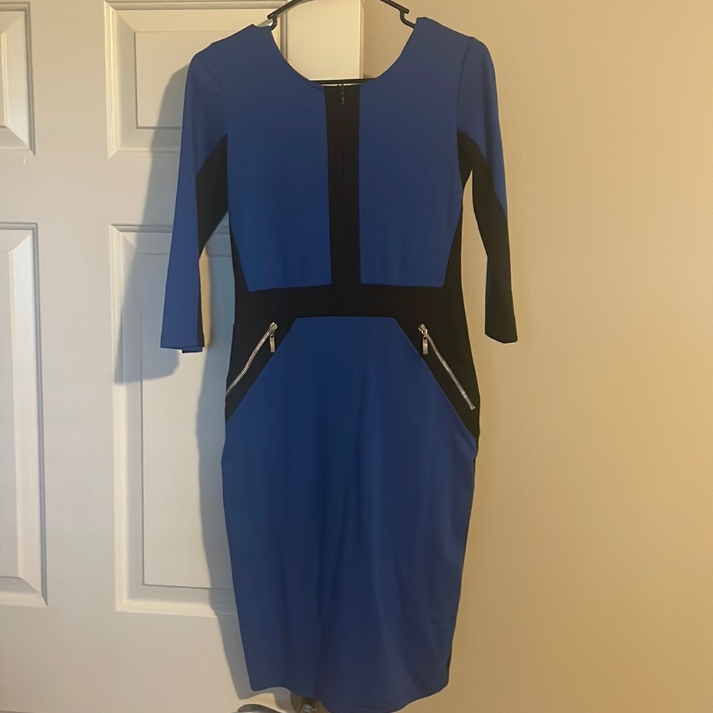 Blue & Black Colorblock Office Work Dress Size 2 Long Sleeve Business Casual